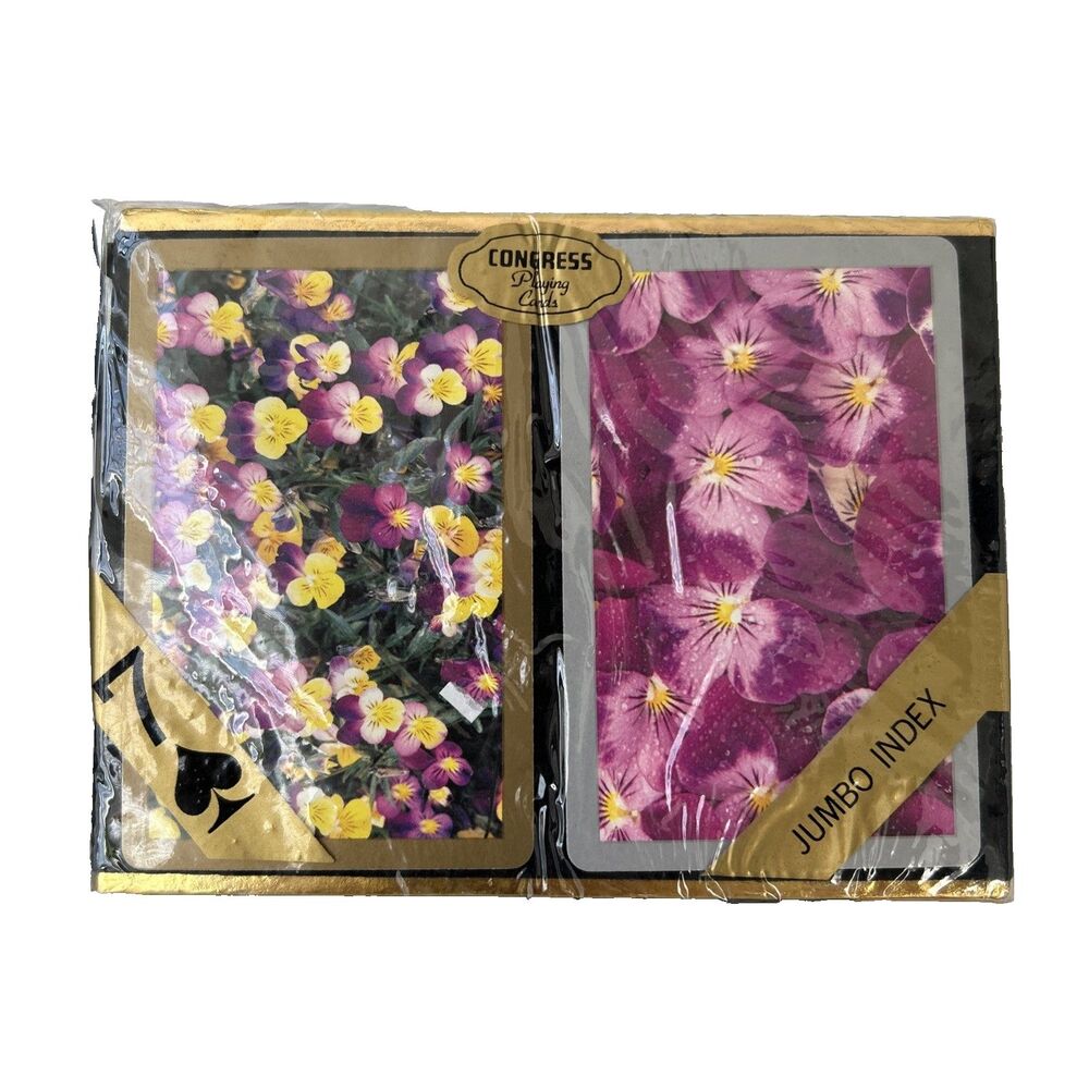 Congress Playing Cards Two Full Decks Jumbo Index Purple Pansies NEW Sealed